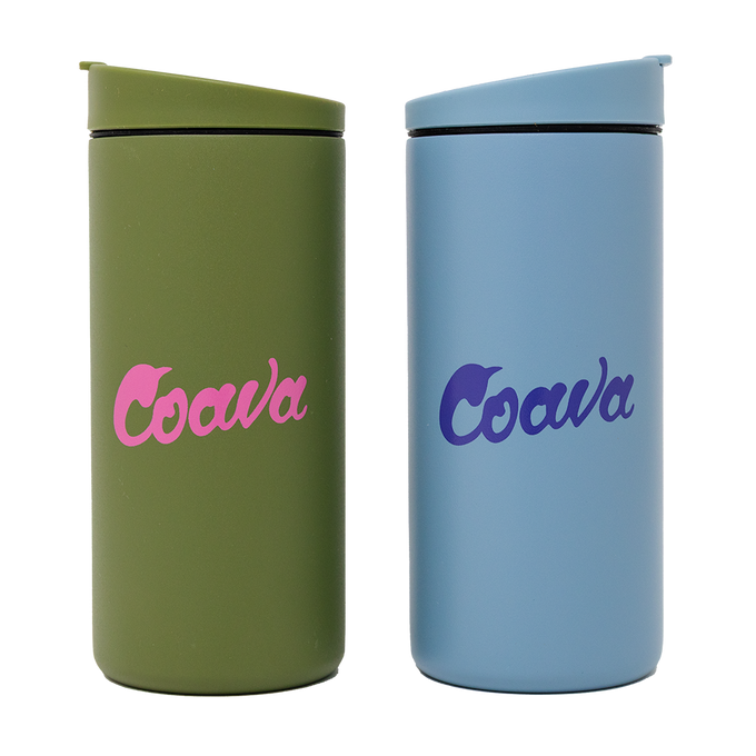 Two Coava travel mugs, one green and one blue, on a white background.