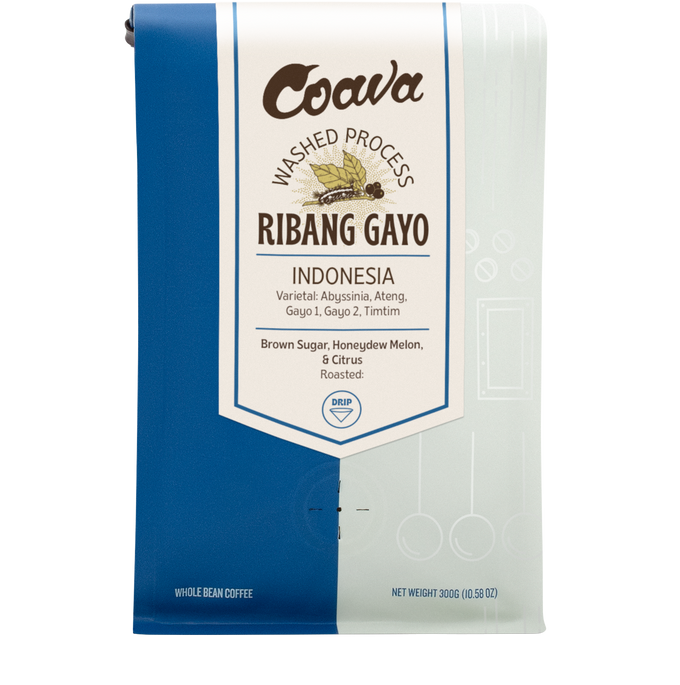 Coava Ribang Gayo coffee package with blue and white design