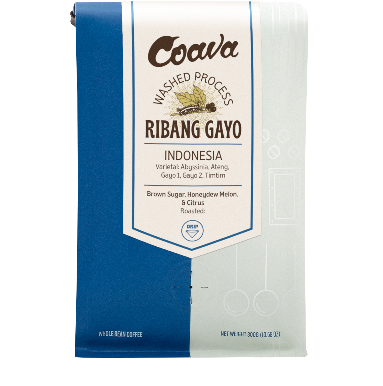 Coava Ribang Gayo coffee package with blue and white design