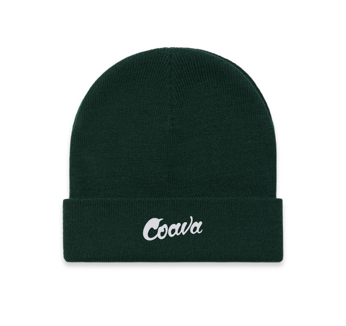 Dark green beanie with 'Coava' logo on a white background