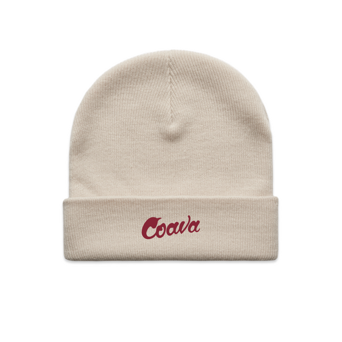 Beige beanie with red 'Coava' logo on a white background